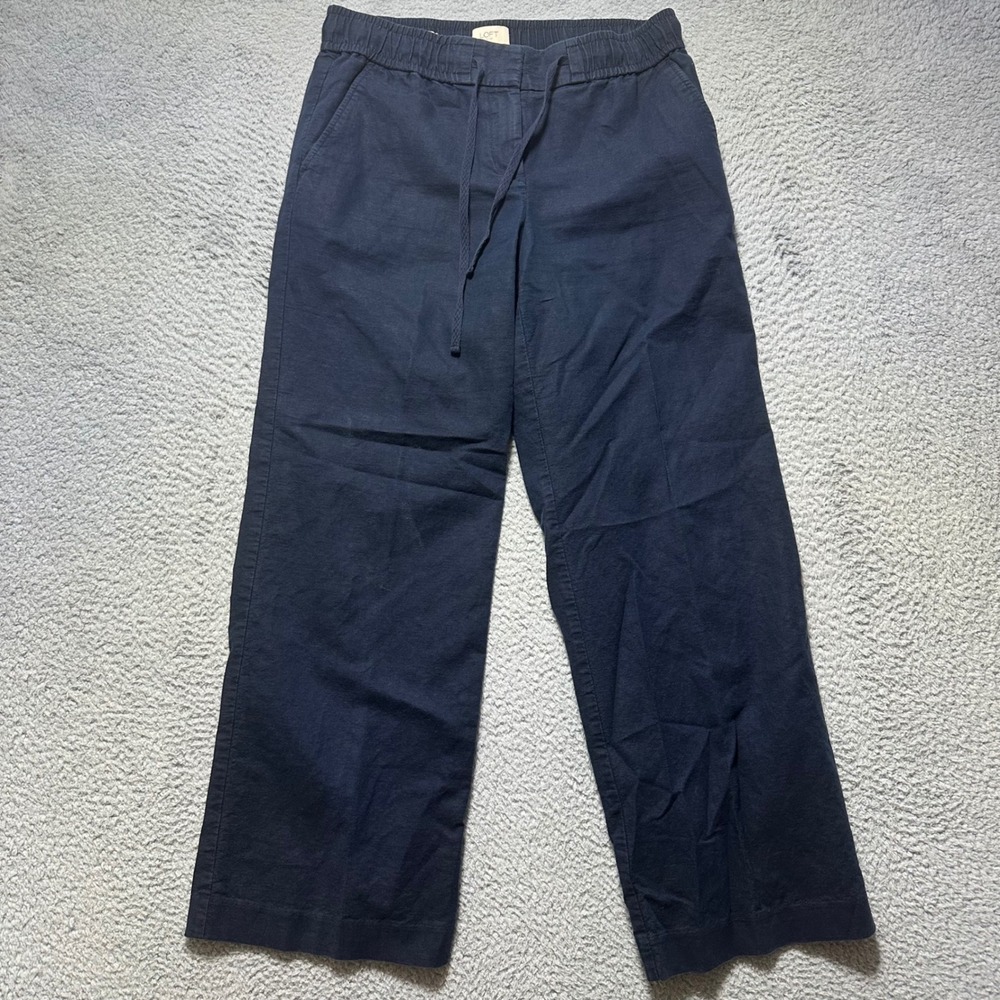 Loft Outlet Navy Blue Wide Leg Linen Blend Drawstring Pants Womens Size 4